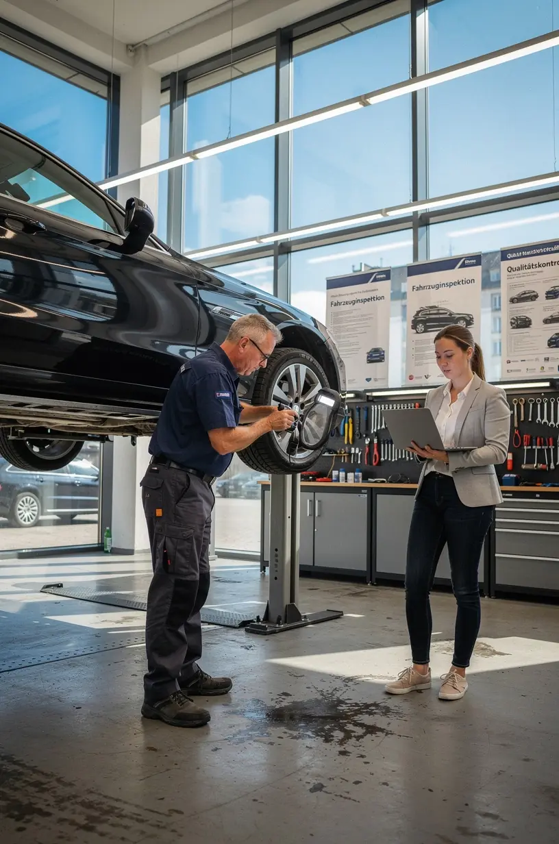Mechaniker prüft Reifenprofil und Federungskomponenten während der Fahrzeugzustandsbewertung